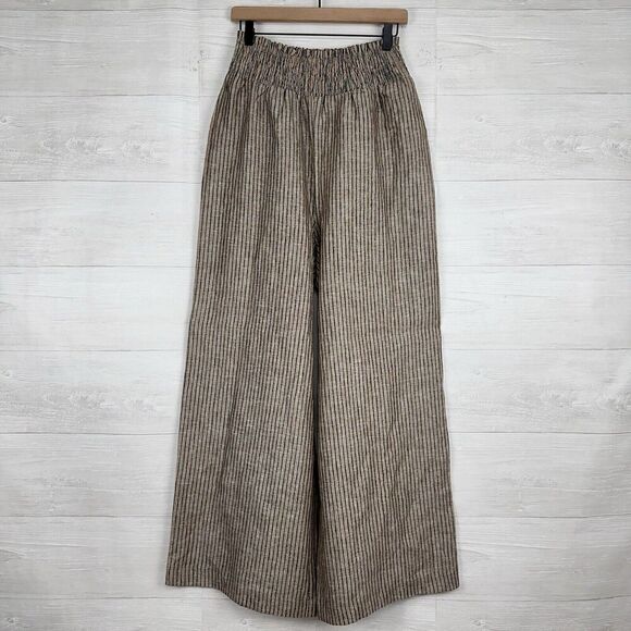 Boden Linen Shirred Waist Trousers Wide Leg Women 6R Camel Black Stripe Pull On - Picture 15 of 16